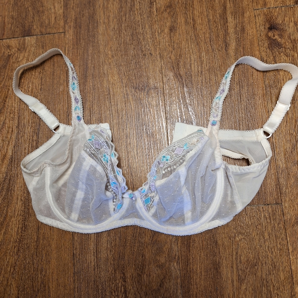 FREYA White/Paste Turquoise/Pastel Lavender Sexy Mesh/Lace Underwire Bra- 32DD